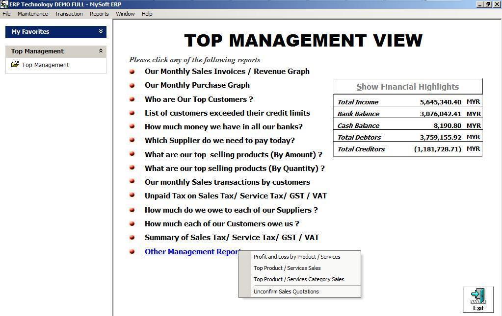 MYSOFT ENTERPRISE FEATURE LIST 2012 Fully integrated multi users and multi currencies Enterprise systems Password protected macro view of company wide dashboard for top executives in real time mode.