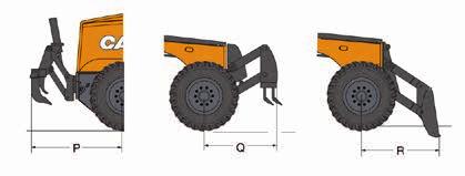 rear tires and the ripper 2028 mm Q Distance between the front tires and the scarifier 1520 mm R Distance between the front tires and the dozer blade 1626 mm Turning radius (outside