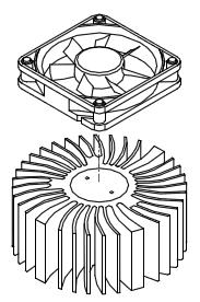 and an electrically powered fan. The fan dissipates heat from the heat sink by blowing a sufficient quantity of air along the surface of the heat sink.