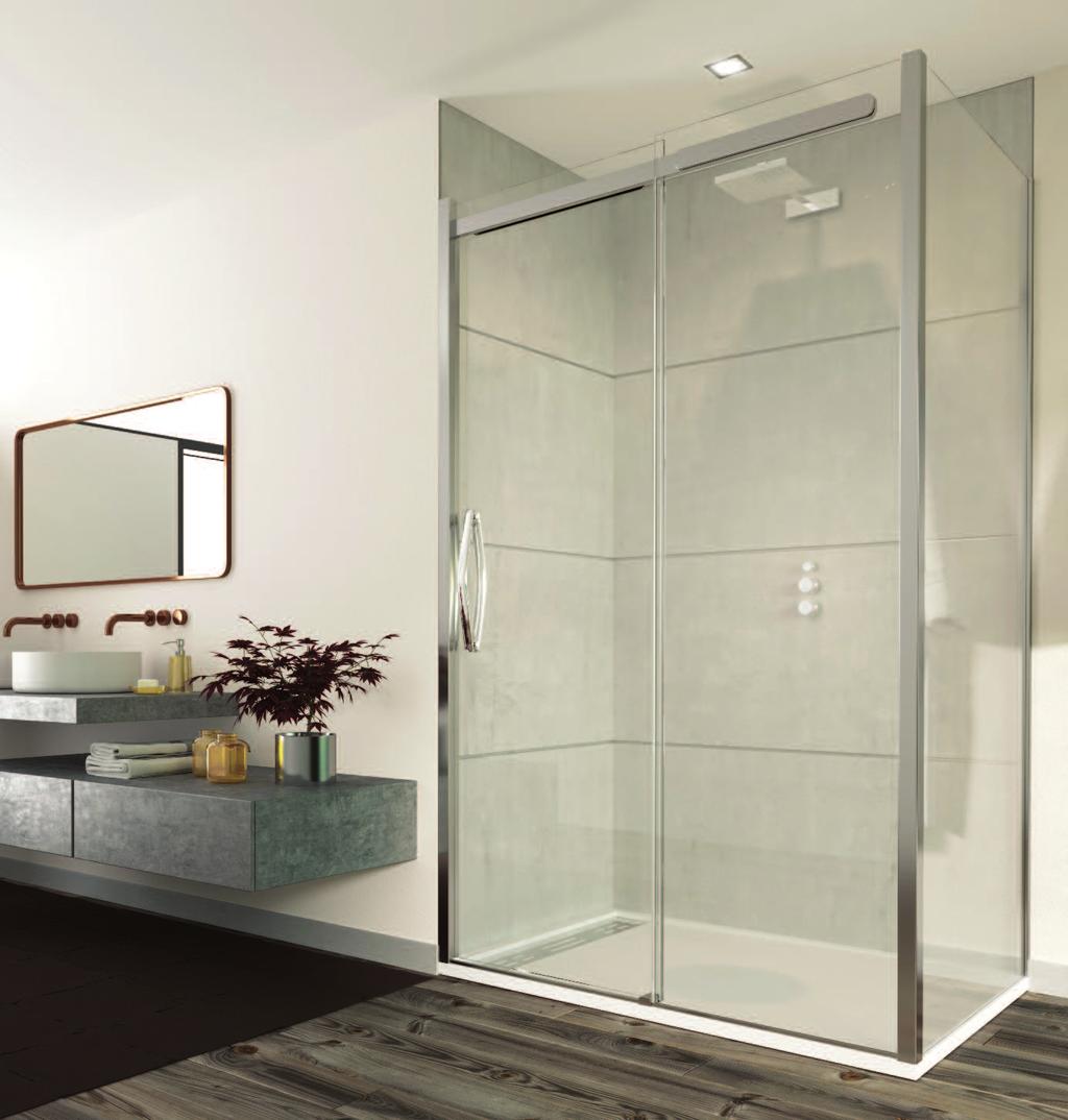 SLIDER WITH FRAMELESS SIDE PANEL The ORO Slider Door installed with frameless side panel is a distinctly stylish option for your bathroom.