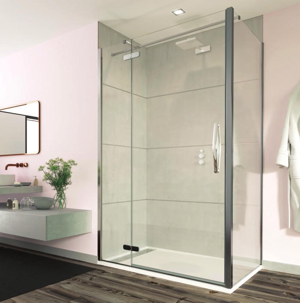 HINGE AND INLINE WITH FRAMELESS SIDE PANEL This impressive ensemble of ORO Hinge and Inline door, frameless side panel and T-bar stabiliser is engineered with the utmost attention to detail.