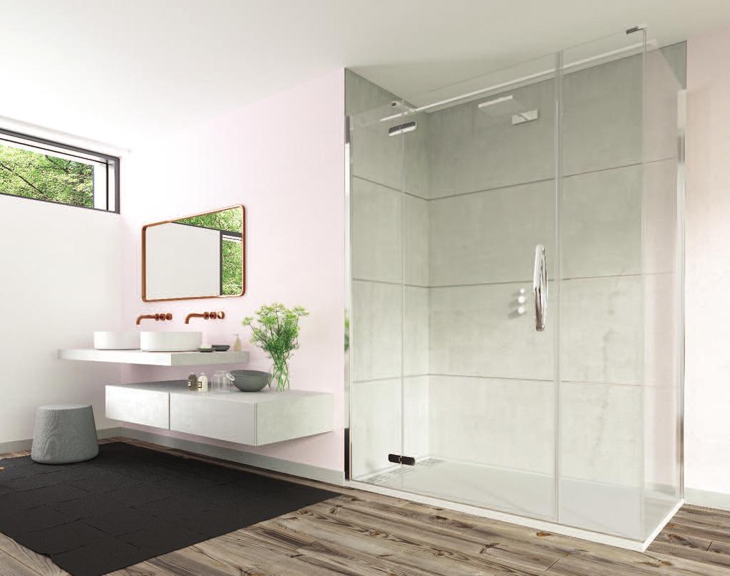 HINGE AND INLINE WITH ULTRA FRAMELESS CORNER SIDE PANEL Setting the standard in frameless design, the Hinge and Inline door with ultra frameless corner side panel will make a real style statement in