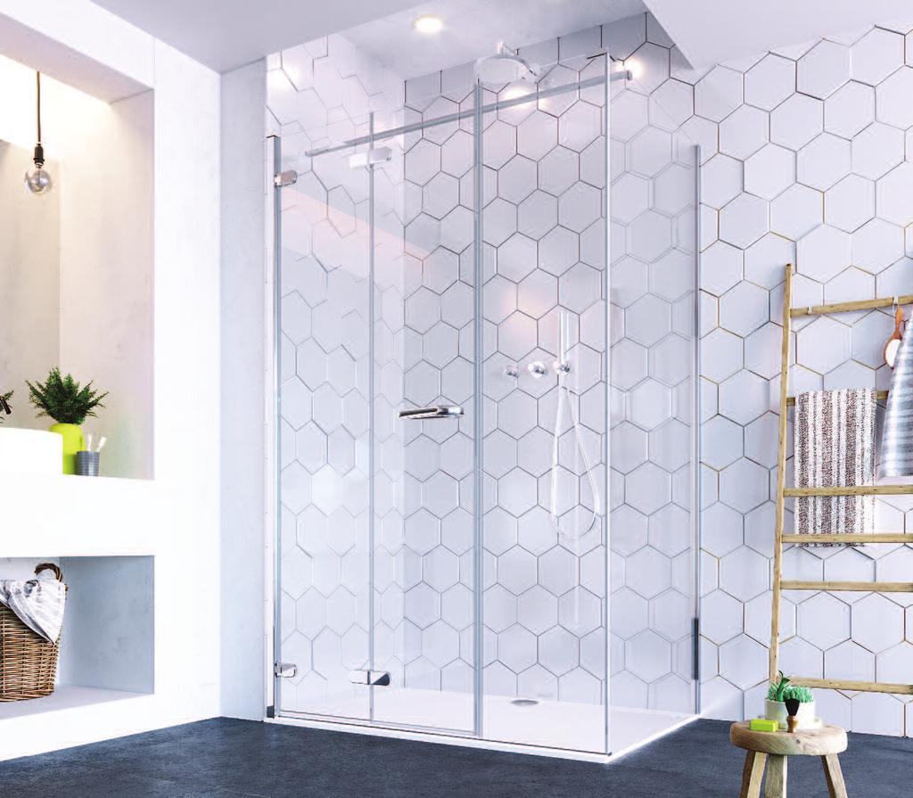 BI-FOLD WITH ULTRA FRAMELESS CORNER SIDE PANEL The ORO Bi-Fold and ultra frameless corner side panel is a versatile shower door choice that packs a real punch.