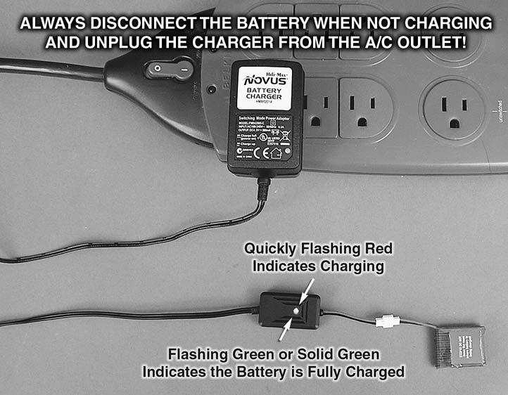 WARNING!! Do not leave the battery connected to the charger if the charge indicator is solid red. This may over-discharge the battery, possibly causing damage to the battery or the charger.