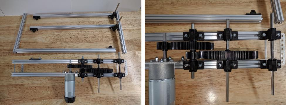 The images below show the assembled arm system installed on the practice bot. Note the brace that was added to the bottom of the arm support tower for stiffness.