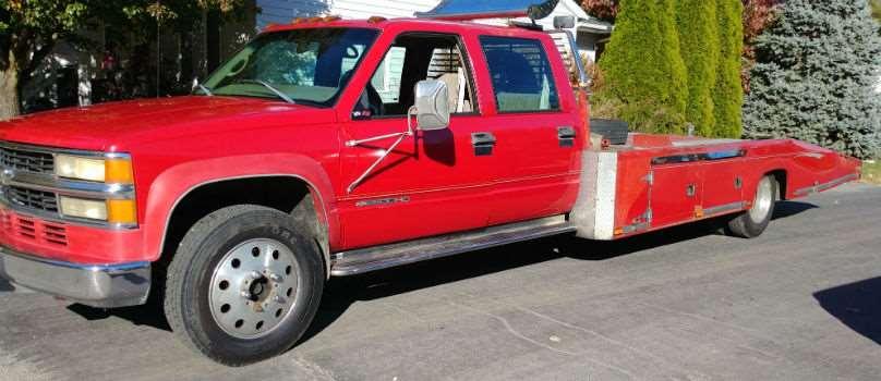 Looks and drives like new Car # 43 1998 Chevy 3500 HD with 21 Hodges Wedge bed car hauler with winch and 7-foot ramps, Truck