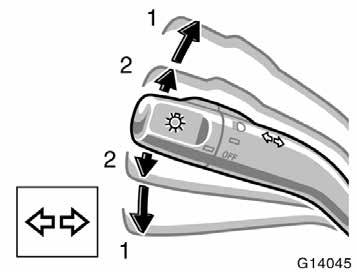High low beams For high beams, turn the headlights on and push the lever away from you (position 1). Pull the lever toward you (position 2) for low beams.