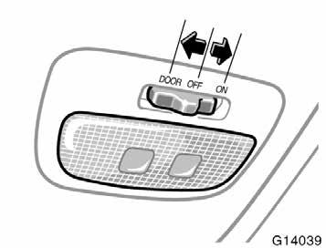 Interior light (without moon roof) To turn on the interior light, slide the switch. The interior light switch has the following positions: ON The light stays on all the time. OFF Turns the light off.