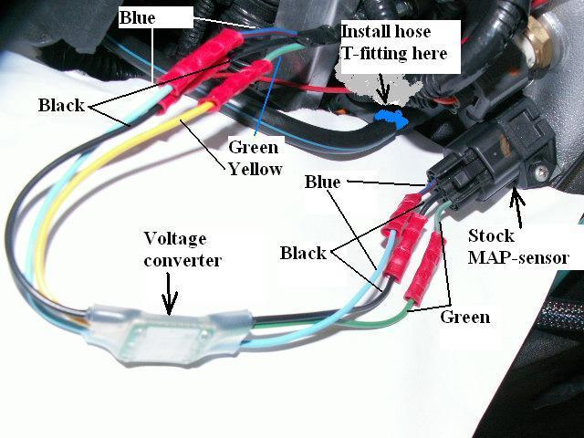 Installation of voltage converter A Voltage converter shall be installed on the wires to the stock MAP-sensor. Install it like the picture.