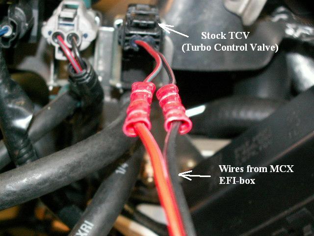 Connect the Turbo Control Valve (TCV) Cut the wires about the stock TCV (Turbo control valve) about 100 mm form the valve.
