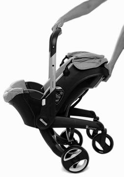 25 STEP 5. Use one hand (same side as the foot blocking the rear wheel) to hold the handle (#2) and with the other hand grab the stroller wheel release (#17) at the back of the Doona Car Seat.