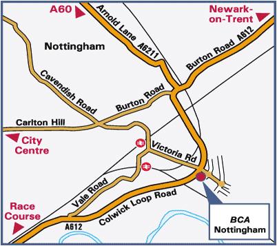 times to BCA Nottingham From South via M1 using J21A - take the A46 around Leicester and then towards Newark. At the 2nd Bingham roundabout take the A6097 to Lowdham and then A612 to Nottingham.