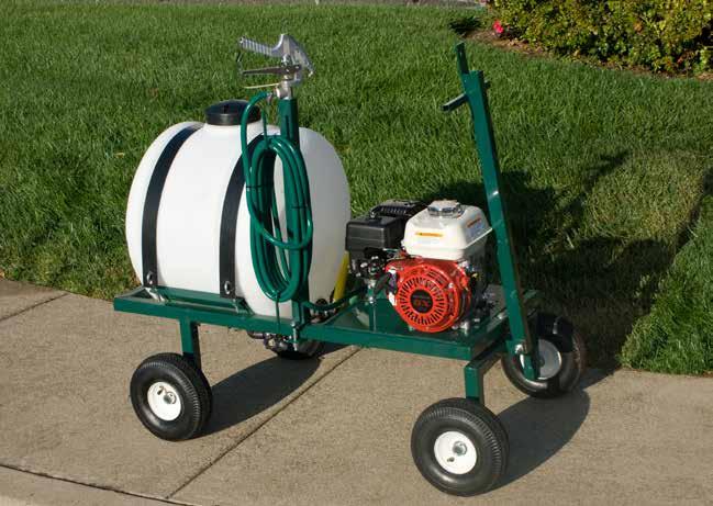 This 30 gallon wagon style sprayer package comes standard with a piston pump, gas engine, four mini tires and a t-bar