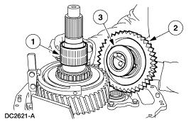 26. Pack the reverse idler gear bearings with lubricant. Use Moly number 2 lubricant or equivalent. 27. Install the following: 1. Assemble the reverse idler gear and bearings onto the idler shaft. 2. Position the straight edge at the end of the idler shaft so that it faces the rear countershaft bore.