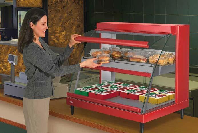 Heated Merchandisers GRCD-2PD with optional flip-up doors and Designer color OPTIONS (available at time of purchase only) Self-Closing Flip-Up Doors on both shelves on Customer side in lieu of Glass