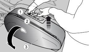 Glove-box (02_50) Side panniers cover opening Rest the vehicle on its stand. Introduce the key (1) in the lock near the pannier cover handle (3). Turn the key (1) anticlockwise.