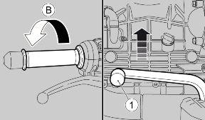 With a closed throttle grip (Pos. A) and the engine idling, pull the clutch lever. Push the gearbox lever (1) downward to select the first gear. Release the clutch lever (activated during start-up).